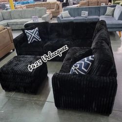 ✅️✅️ 4pc Black corduroy fabric upholstered sectional sofa with ottoman ✅️✅️