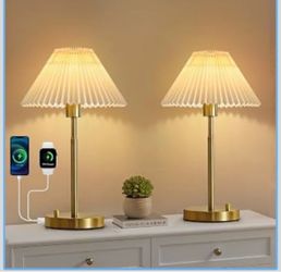 Bedside Table Lamp Set of 2: Dimmable Nightstand Bedside Lamps with USB A and C Ports, Modern Metal and Pleated Fabric Shade Gold Desk Lamp for Home O
