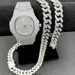 Rhinestone Watch And Cuban Necklace And Bracelet