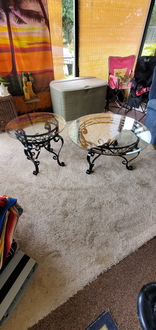 Glass Coffee Table & End Table Set - Wrought Iron - Satin Black