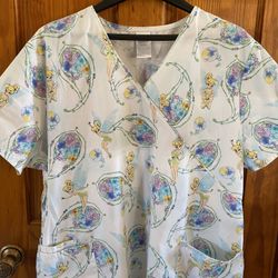 Disney Tinkerbell Light Blue Medical  Scrub Top Womens 2X/2XG Drawstring Back