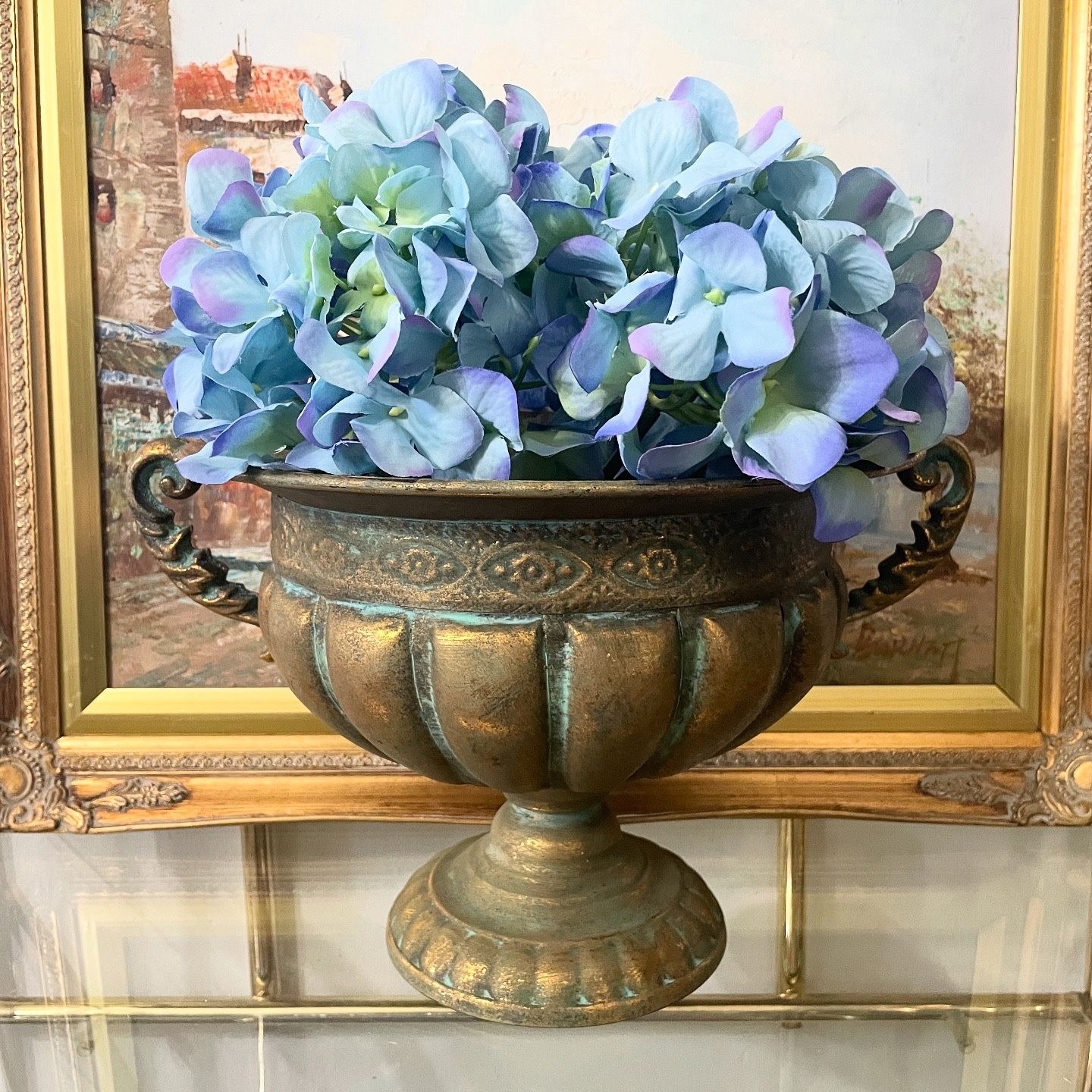 Vintage Large 9 1/2” H x 15 1/2” W Metal Footed Urn with Aged Patina and Handles