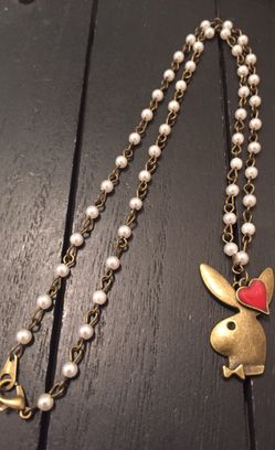 Antique Brass Plated Glass Pearl Necklace with Playboy Bunny Pendant and Brass enamel Heart