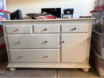5 drawer with storage door Dresser - 54” W x 34” H x 18” D - White - Ready for new paint - Faux Rhinestone Knobs