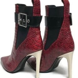 Rag & Bone Wren Pointed Toe Boots Red Croc Buckle High Heel Womens Sz 4.5 / 35
