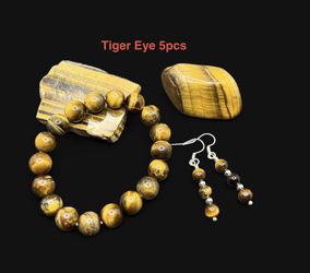 Tiger Eye Genuine Stone Earrings, Polished Stone, bracelet, & Slab Set 5pcs