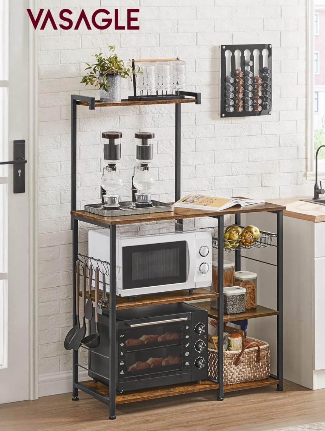 Baker's Rack, Microwave Stand, Kitchen Storage Rack with Wire Basket, 6 Hooks, and Shelves, for Spices, Pots, and Pans, Rustic Brown and I