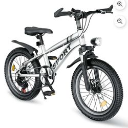 Juuar 20-inch Mountain Bike, a comfortable 7-speed bike with dual disc brakes and LED lights, silver$120