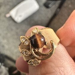 18K Gold HGE Tiger Eye and Rhinestone Ring Mid-century