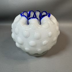 Vintage White And Cobalt Ruffled Rim With White Hobnail Vase Art Glass 4.5” Tall