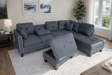 Brand new Charcoal color Linen Sectional Sofa with storage ottoman