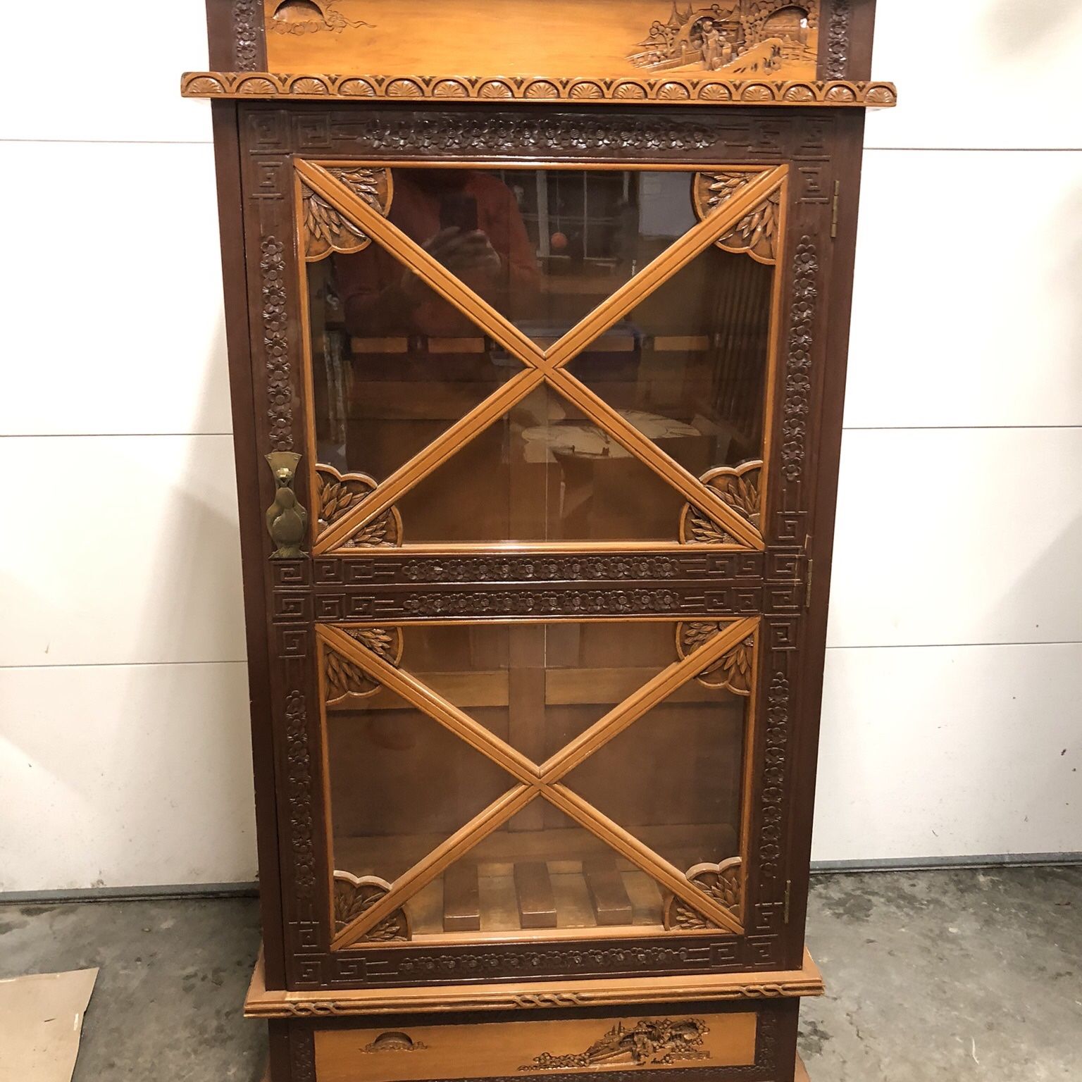 Vintage Cabinet With Wood Carved Asian Detail