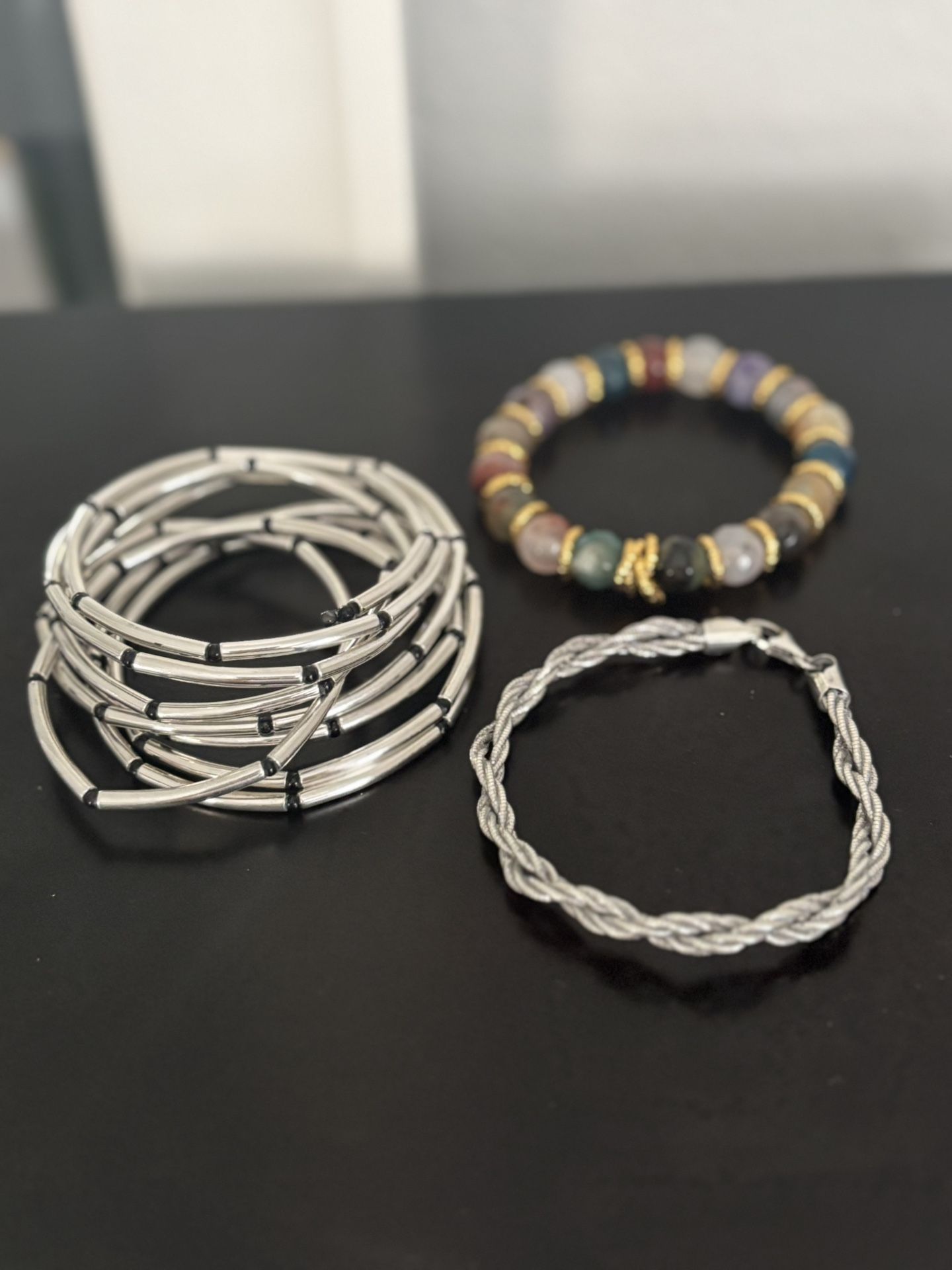 Fine Jewerly, 925 Sterling Silver Double Tope Mangle $47, Silver Adjustable Bracelet $10 & New Custom Real Stones Bracelet $30