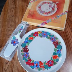Vintage Floral Ceramic Cake Serving Tray With Server