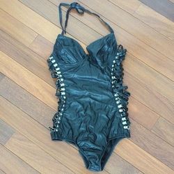 Black Faux Leather One Piece Bodysuit Size M Brand New 
