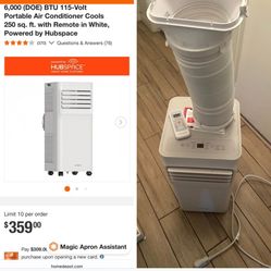 6,000 (DOE) BTU 115-Volt Portable Air Conditioner Cools 250 sq. ft. with Remote in White, Powered by Hubspace