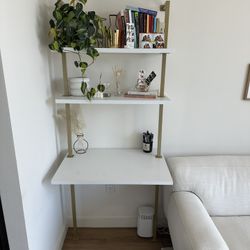 Wood Wall Mount Ladder 2-Shelf Desk Gold