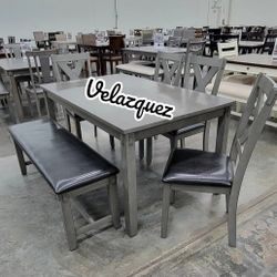 ✅️✅️6 pc laurel  gray finish wood dining table set padded seat chairs and bench✅️✅️