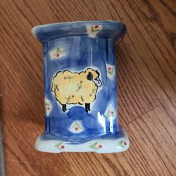 Country French Tea Canister Blue Yellow Sheep Lamb Farmhouse Shabbychic 