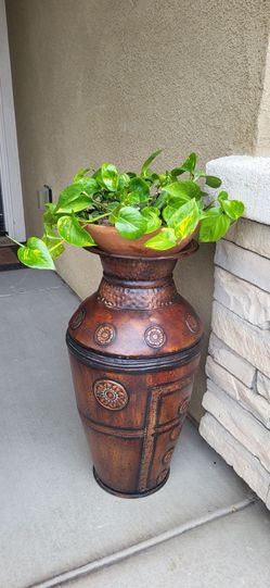 Tall Floor Steel Vase 28" + Live Pothos Plant in Clay Pot | Boho Home Décor Bundle | Ready to Display