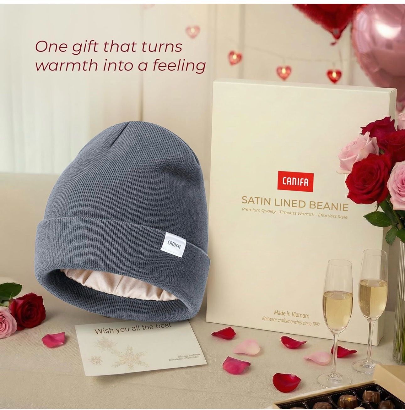 Premium quality beanie with satin lining for timeless warmth and effortless style. New in box. See Pictures