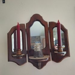 Vintage MCM Tri-fold Handcrafted Wooden Wall Sconce Mirror Candle Holders wood
