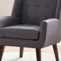 Modern Gray Linen Botton-Tufted Accent Arm Chair With The Solid Dark Wood Legs