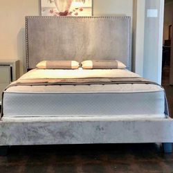 New Queen Size Grey Velvet Bed Frame With Mattress And BoxSpring.  (And A Free Delivery)