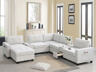 104'' Sectional Sofa with Acrylic Table Top,Chenille U Shaped Couch Set with 2 Consoles,USB Charger,Storage Drawers and Pockets,Movable Ottoman,Tufted