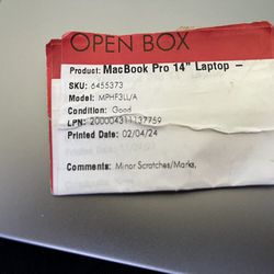 Apple Mackbook pro 14” Model MPHF3LL/A 