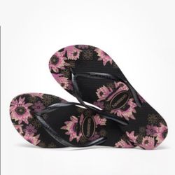 NWT Havaianas Black & Rose Gold Slim Floral Flip-Flop Slip On Shoes Sz 11