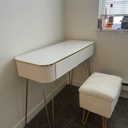 Dressing table + Chair with Storage, Ottoman Faux Fur Soft Padded