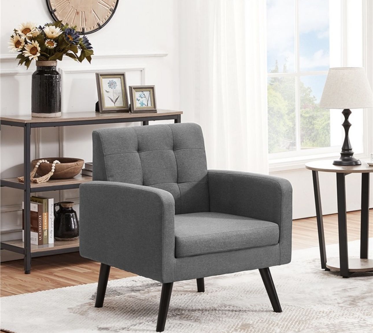 Modern Armchair Accent Chair Fabric Tufted with Rubber Wooden Leg, Dark Gray