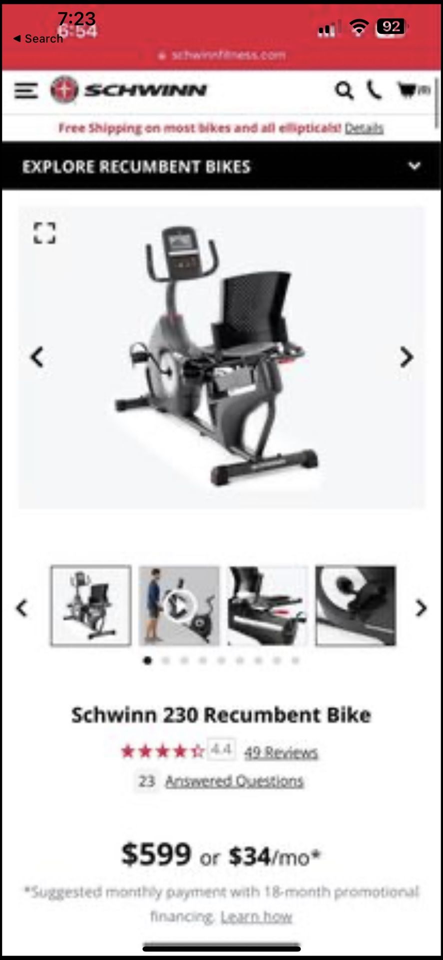 Schwinn 230 Recumbent Bike new factory sealer
