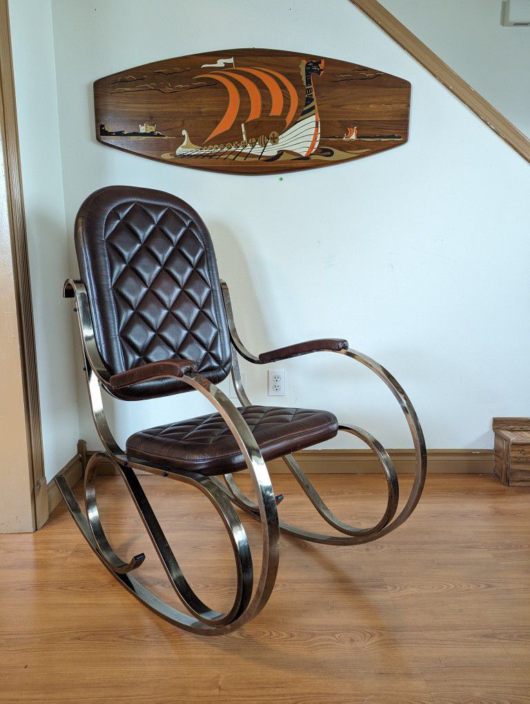 Stunning French 70s Mid Century Chrome Leather Vintage Rocking Chair