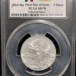 2024 MO Mexico Libertad 2 Onza • 2 oz Pure Silver Coin in Large Slab (.999 Fine) • First Day of Issue, Mexico Flag Label • Graded NGC MS70