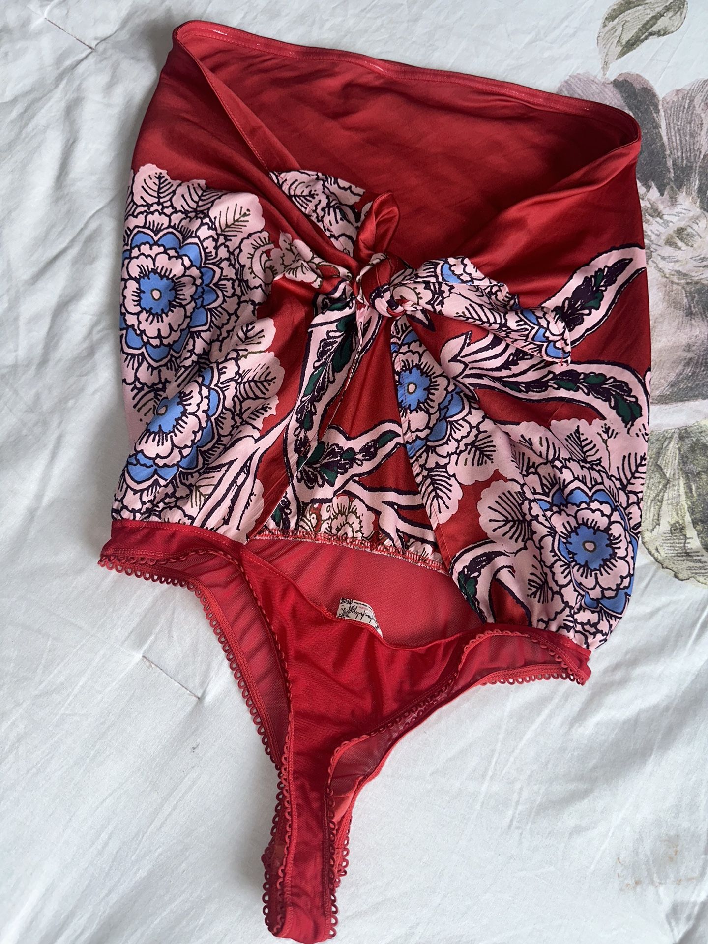 Free People Red blood orange strapless leaf Floral Lace blouse bodysuit