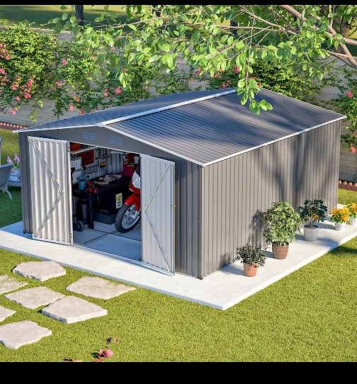 12×14 ft Outdoor Metal Storage Shed, Large Garden Tool Shed with Lockable Double Doors, Waterproof Yard Building, Patio, Light Gray W2505S00084
Produc