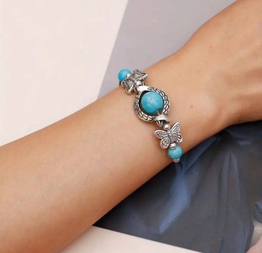 Silver Tone Butterflies & Turquoise Bracelet