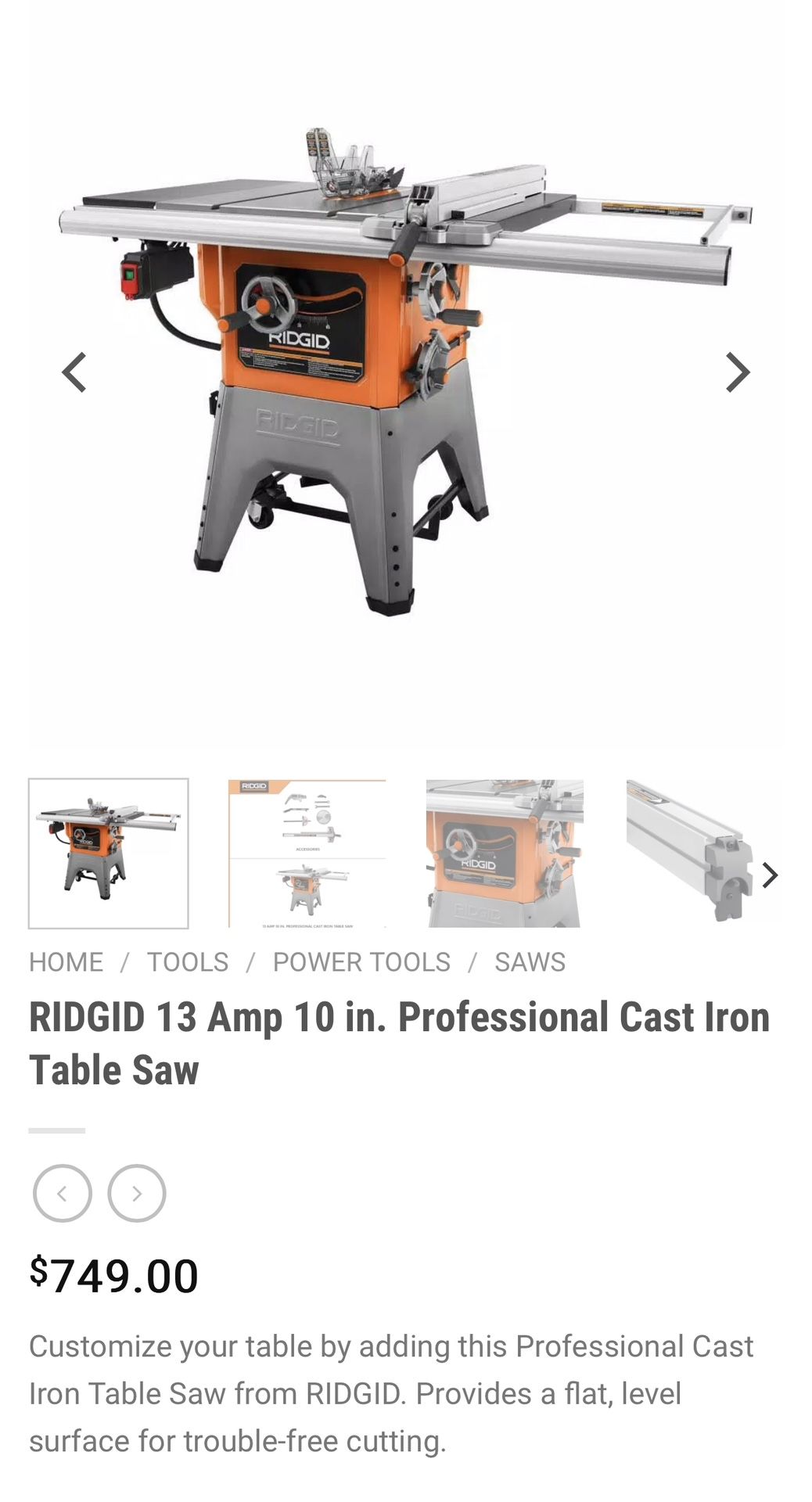 Ridgid 13Amp 10 Inch professional Table Cast Iron Saw