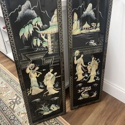 Vintage Asian Mother of Pearl & Soapstone Wall Art Panels – Set of 2 (Black & Gold)