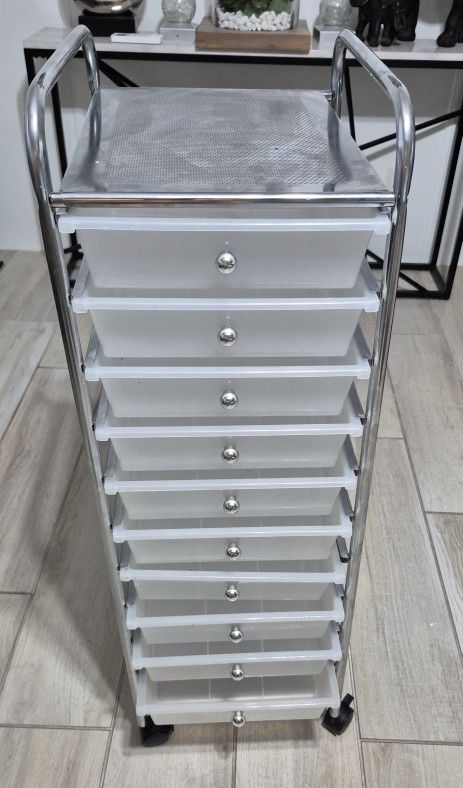 Rolling Organizer Car With 10 Drawers, White/Chrome, very good condition, $ 20.00 cash and pick up only.