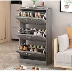 Gray Wood Shoe Cabinet with 3 Flip Drawers for Entryway, Narrow Shoe Storage Cabinet with 3 Flip Drawer, Freestanding 3-Tier Shoe Cabinet, Hidden Shoe