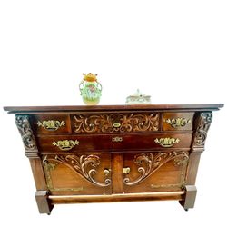 Antique Victorian style solid wood sideboard buffet table with ornate carvings & Knapp jointed draws