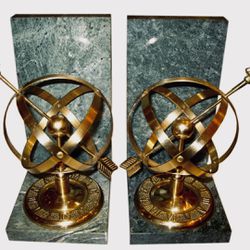 Brass Armillary Sphere Globe Bookends on Antique  Italian Marble, Mint Condition