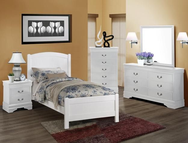 Brand new white or cherry twin bed frame + dresser + mirror + nightstand