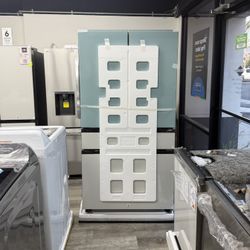 Samsung - Bespoke 29 cu ft. Standard Depth 4-Door French Door Smart Refrigerator in Morning Blue/White Glass with Beverage Center