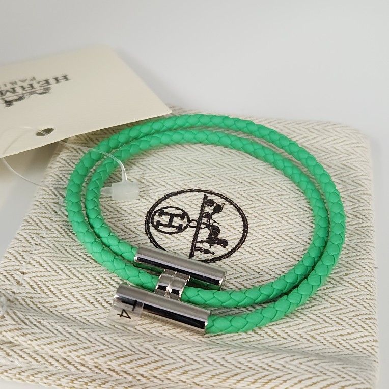 New Hermes Green Tournis Tresse Bracelet Swift Calfskin Authentic T4