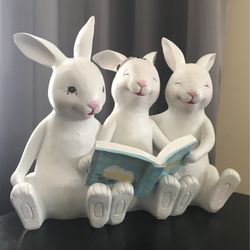 3 Bunnies/Rabbits Statue Book Reading Joyful