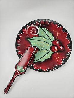 Festive Vintage Christmas Holly Cake Plate & Pie Server Set Holiday Serveware